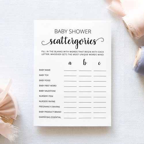 Baby Shower Scattergories party game Card