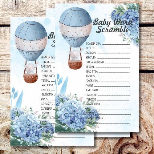 Baby Shower Scramble elephant hot air balloon