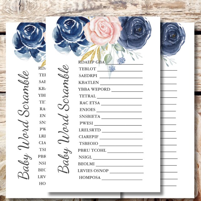 Baby Shower Scramble Game Navy Blush Pink Floral (Creator Uploaded)