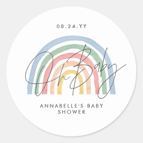 Baby shower script colorful watercolor rainbow classic round sticker