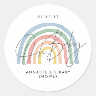 Baby shower script colorful watercolor rainbow classic round sticker