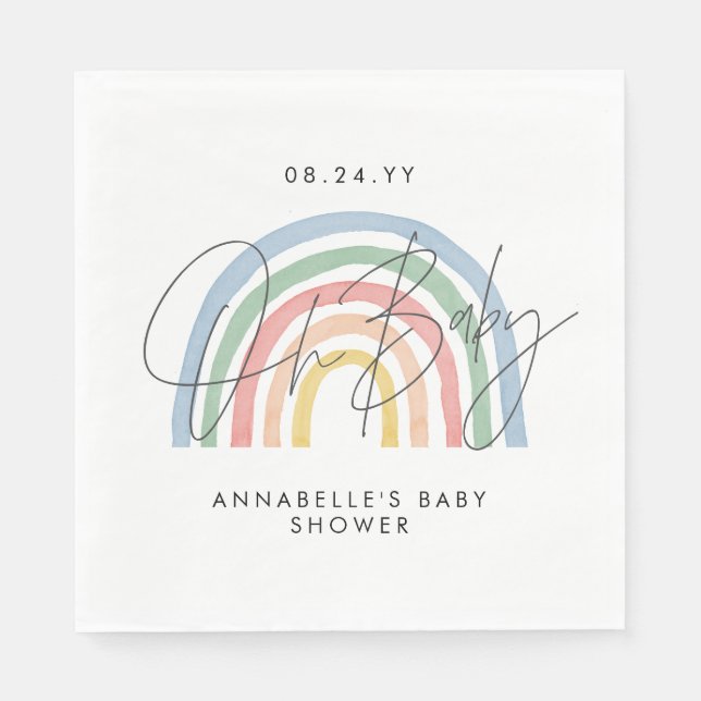 Baby shower script colorful watercolor rainbow napkins (Front)