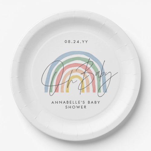 Baby shower script colorful watercolor rainbow paper plates