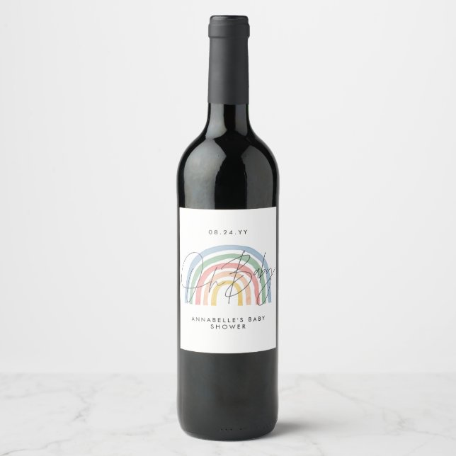 Baby shower script colorful watercolor rainbow wine label (Front)