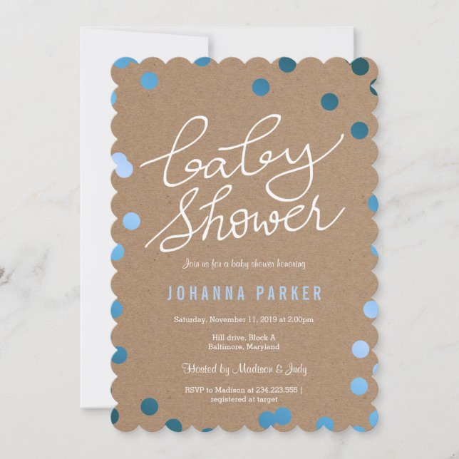 Baby Shower Script Kraft Paper Blue Confetti Invitation (Front)