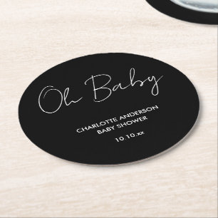 Baby shower script modern black and white elegant round paper coaster