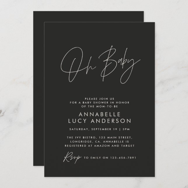 Baby shower script modern black elegant photo invitation (Front/Back)