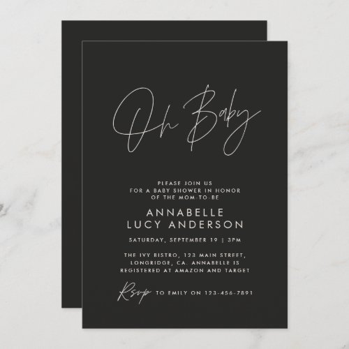 Baby shower script modern black elegant photo invitation