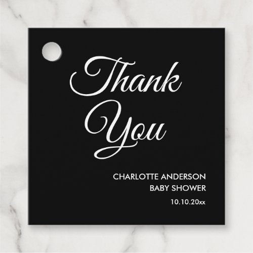 Baby shower script modern black thank you favor tags