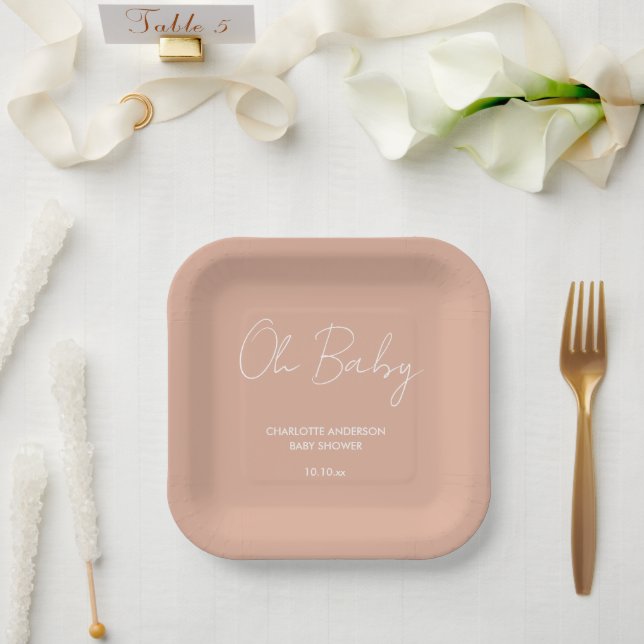 Baby shower script modern blush pink elegant paper plates (Wedding)