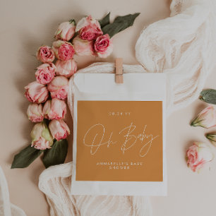 Baby shower script modern bold orange guest favor bag