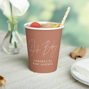 Baby shower script modern bold terracotta elegant paper cups