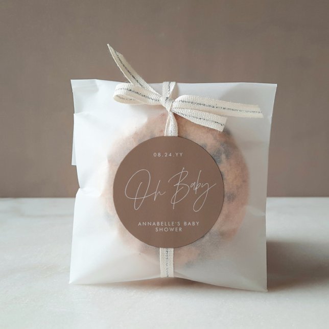 Baby shower script modern brown natural elegant classic round sticker (Creator Uploaded)