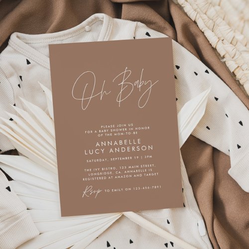 Baby shower script modern brown tan elegant invitation