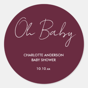 Baby shower script modern burgundy elegant classic round sticker