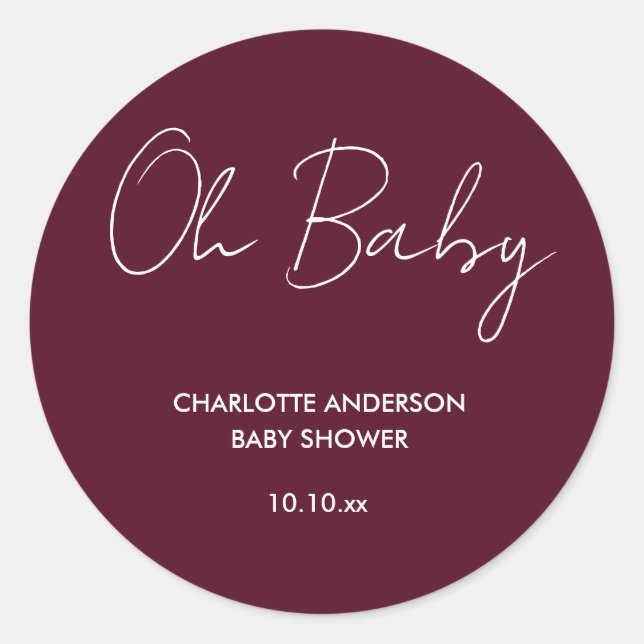 Baby shower script modern burgundy elegant classic round sticker (Front)