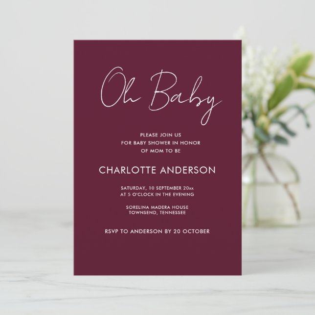 Baby shower script modern burgundy elegant invitation (Standing Front)