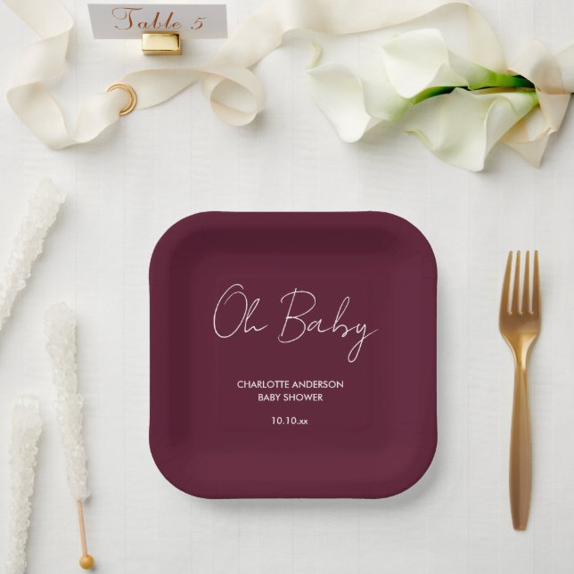Baby shower script modern burgundy elegant paper plates (Wedding)