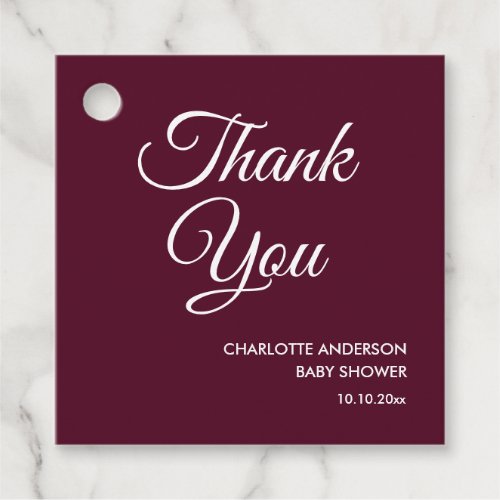 Baby shower script modern burgundy thank you favor tags