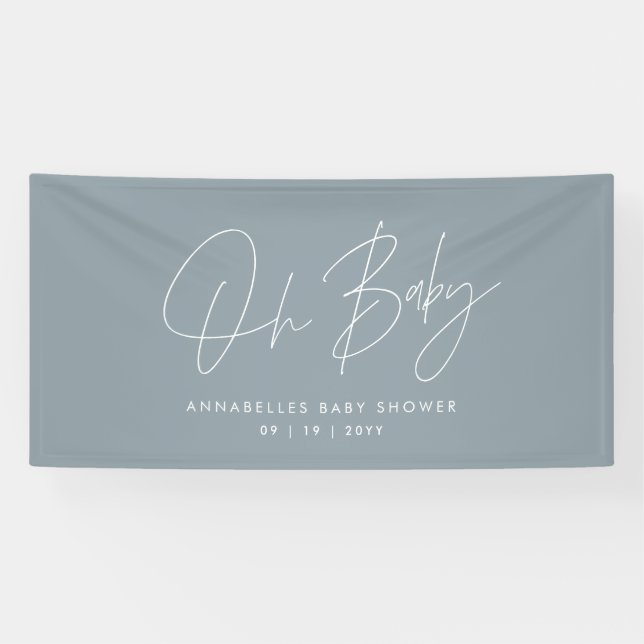 Baby shower script modern dusty blue elegant banner (Horizontal)