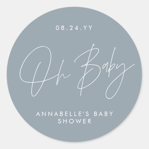 Baby shower script modern dusty blue elegant classic round sticker