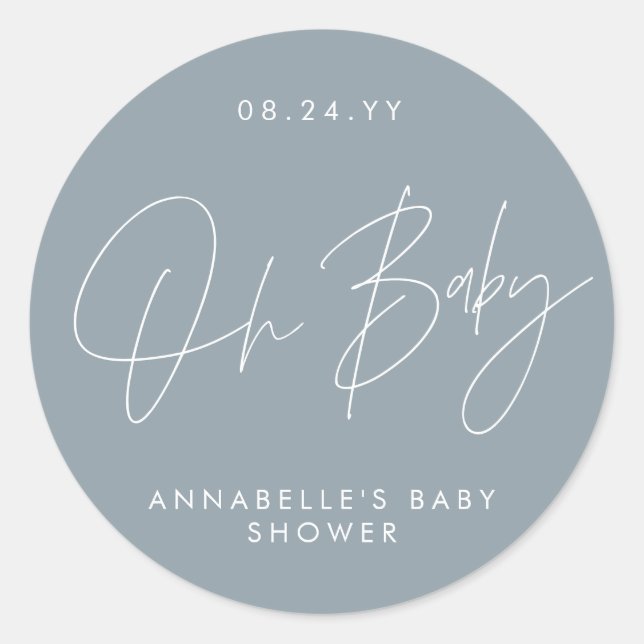 Baby shower script modern dusty blue elegant classic round sticker (Front)