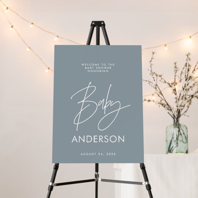 Baby shower script modern dusty blue elegant foam board (In Situ (Stand))