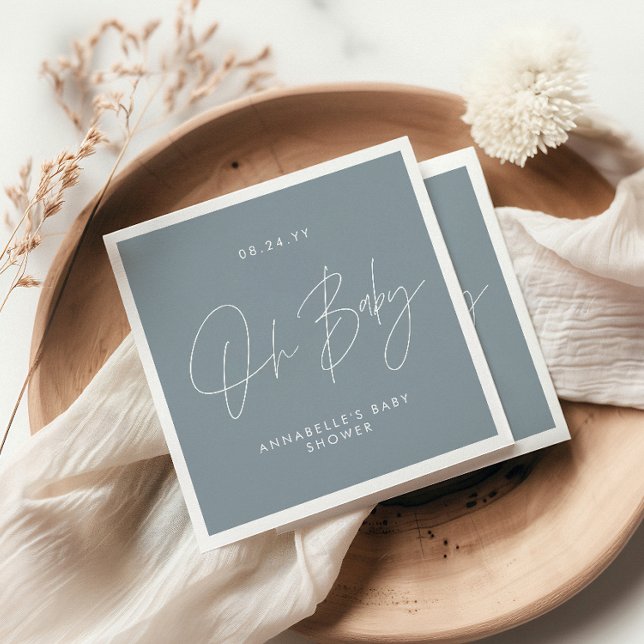 Baby shower script modern dusty blue elegant napkins (Creator Uploaded)