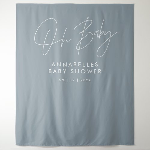 Baby shower script modern dusty blue elegant tapestry