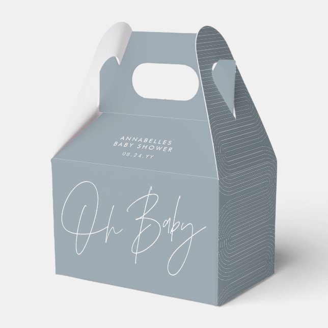 Baby shower script modern dusty blue geometric favor boxes (Front Side)
