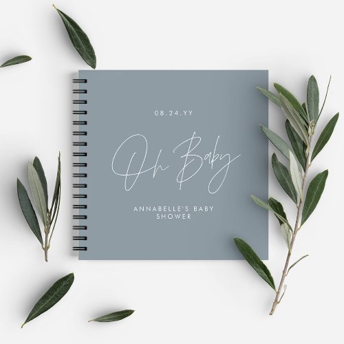 Baby shower script modern dusty blue guest notebook