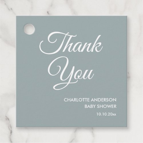 Baby shower script modern dusty blue thank you favor tags