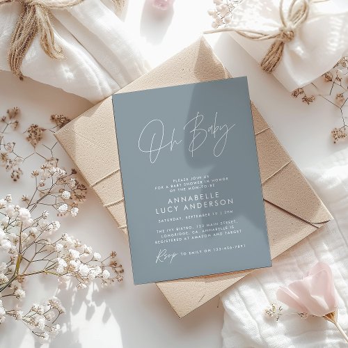 Baby shower script modern elegant dusty blue invitation