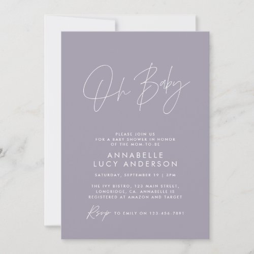 Baby shower script modern elegant lilac purple invitation