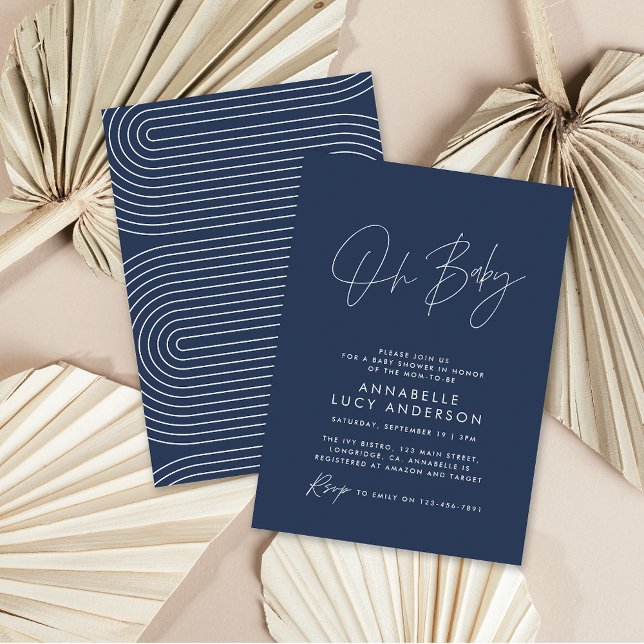 Baby shower script modern elegant navy blue invitation (Creator Uploaded)