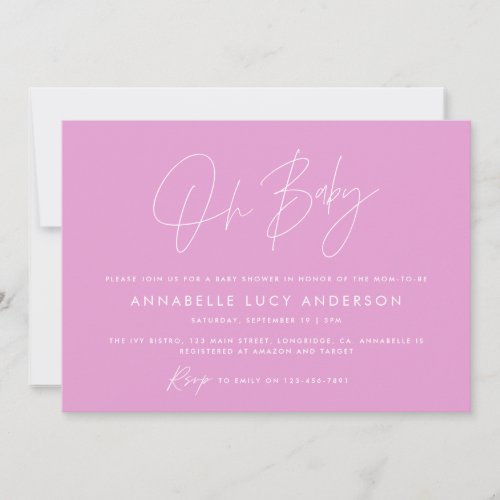 Baby shower script modern elegant photo girly pink invitation