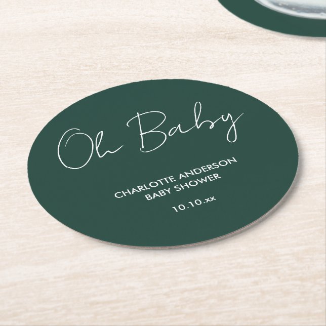 Baby shower script modern emerald green elegant round paper coaster (Angled)