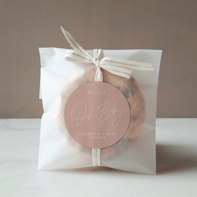 Baby shower script modern girly blush pink elegant classic round sticker (Creator Uploaded)