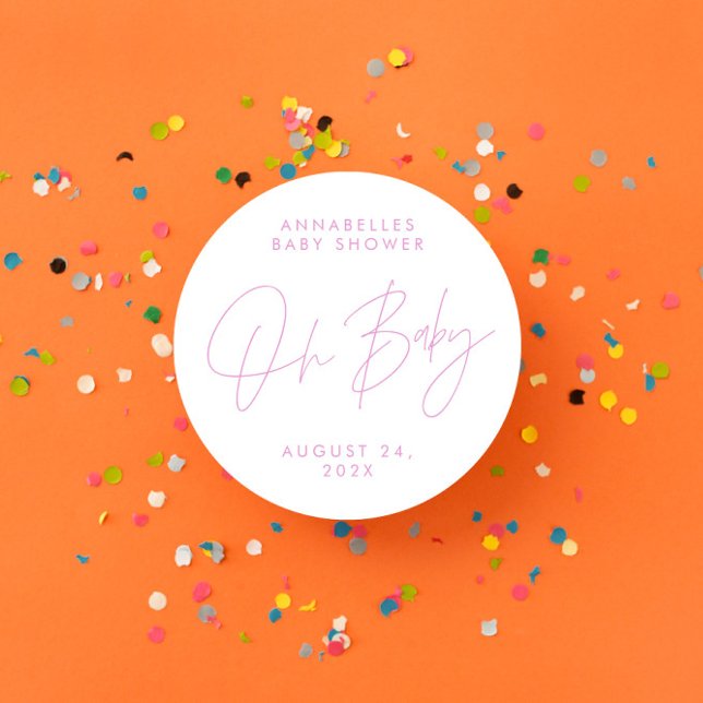 Baby shower script modern girly pink elegant classic round sticker (Creator Uploaded)