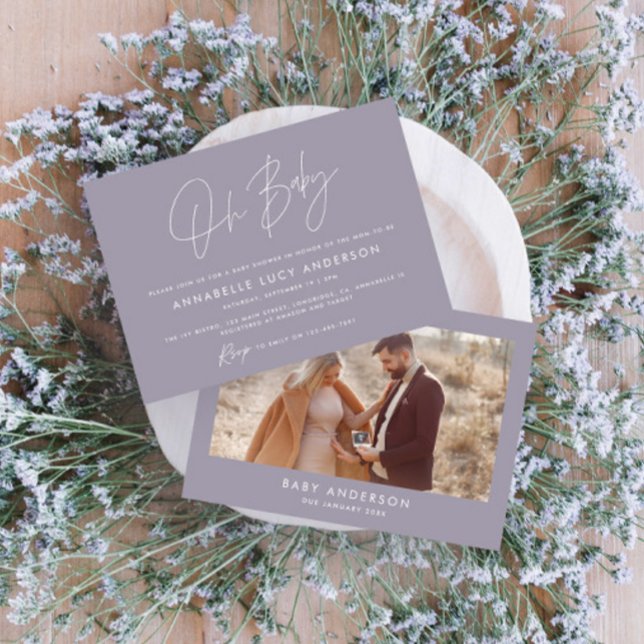 Baby shower script modern lilac purple boho photo invitation (Creator Uploaded)