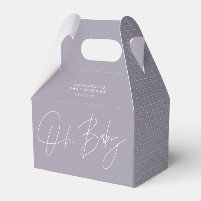 Baby shower script modern lilac purple geometric favor boxes (Front Side)