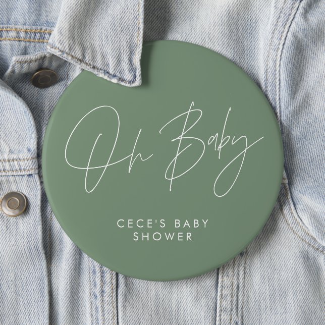 Baby shower script modern minimal sage green button (In Situ)