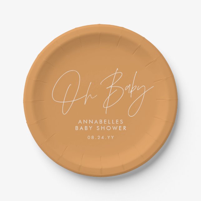 Baby shower script modern mustard elegant paper plates (Front)