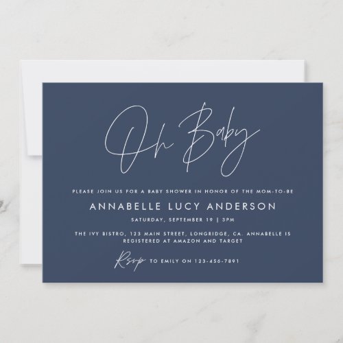 Baby shower script modern navy blue boho photo invitation