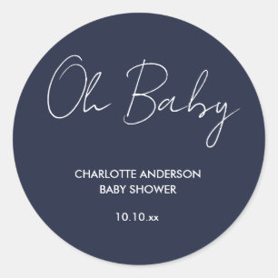 Baby shower script modern navy blue elegant classic round sticker