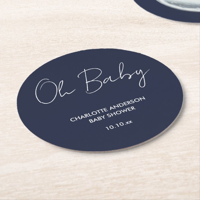 Baby shower script modern navy blue elegant round paper coaster (Angled)