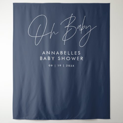 Baby shower script modern navy blue elegant tapestry