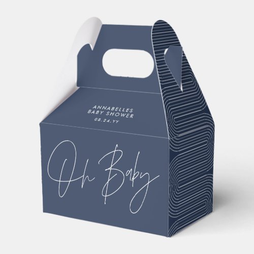 Baby shower script modern navy blue geometric favor boxes