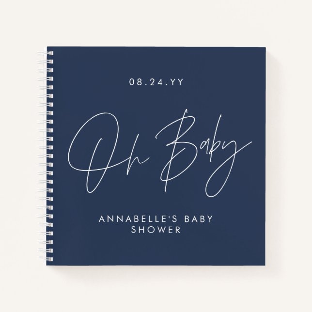 Baby shower script modern navy blue guest notebook (Front)