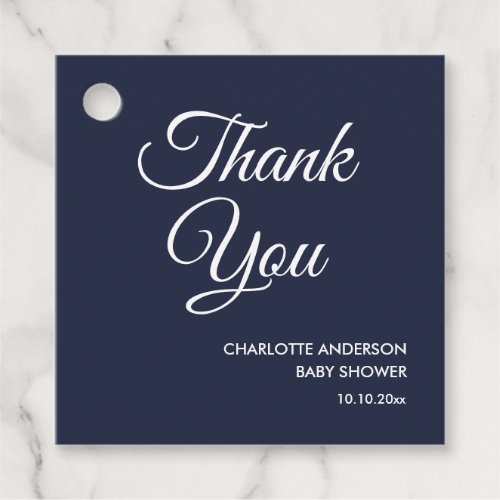 Baby shower script modern navy blue thank you favor tags